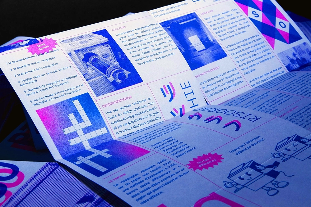 Fanzine sur l'impression en risographie, Riso-Riso, réalisé en Partenariat avec l'atelier de Risographie parisien Quintal, 2021-2022