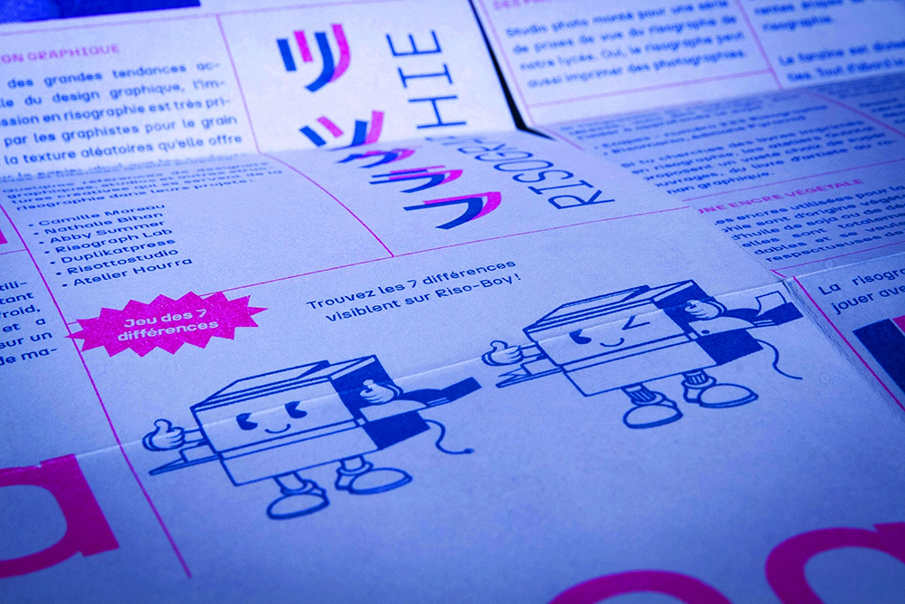 Fanzine sur l'impression en risographie, Riso-Riso, réalisé en partenariat avec l'atelier de Risographie parisien Quintal, 2021-2022